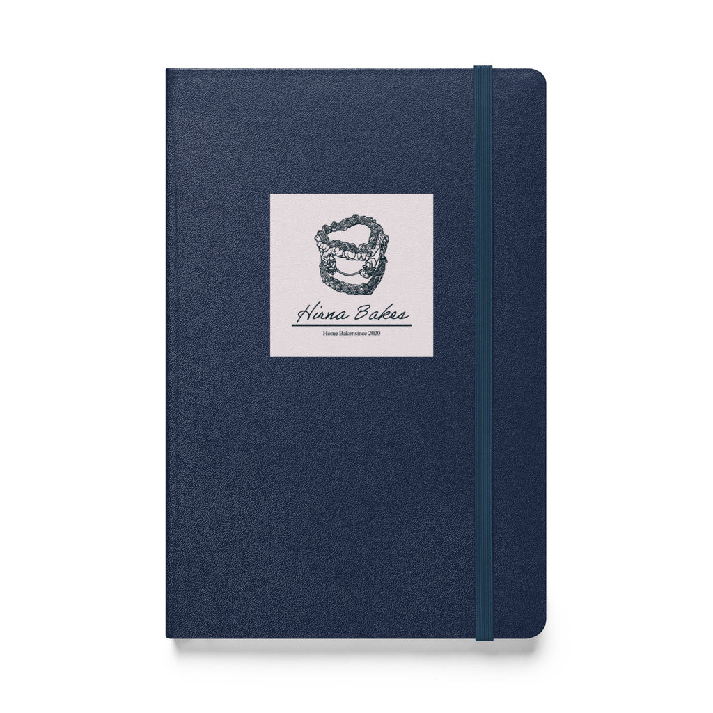 Navy hardcover notebook with elastic closure, handmade gift by Hirna Bakes home bakery in Buckinghamshire